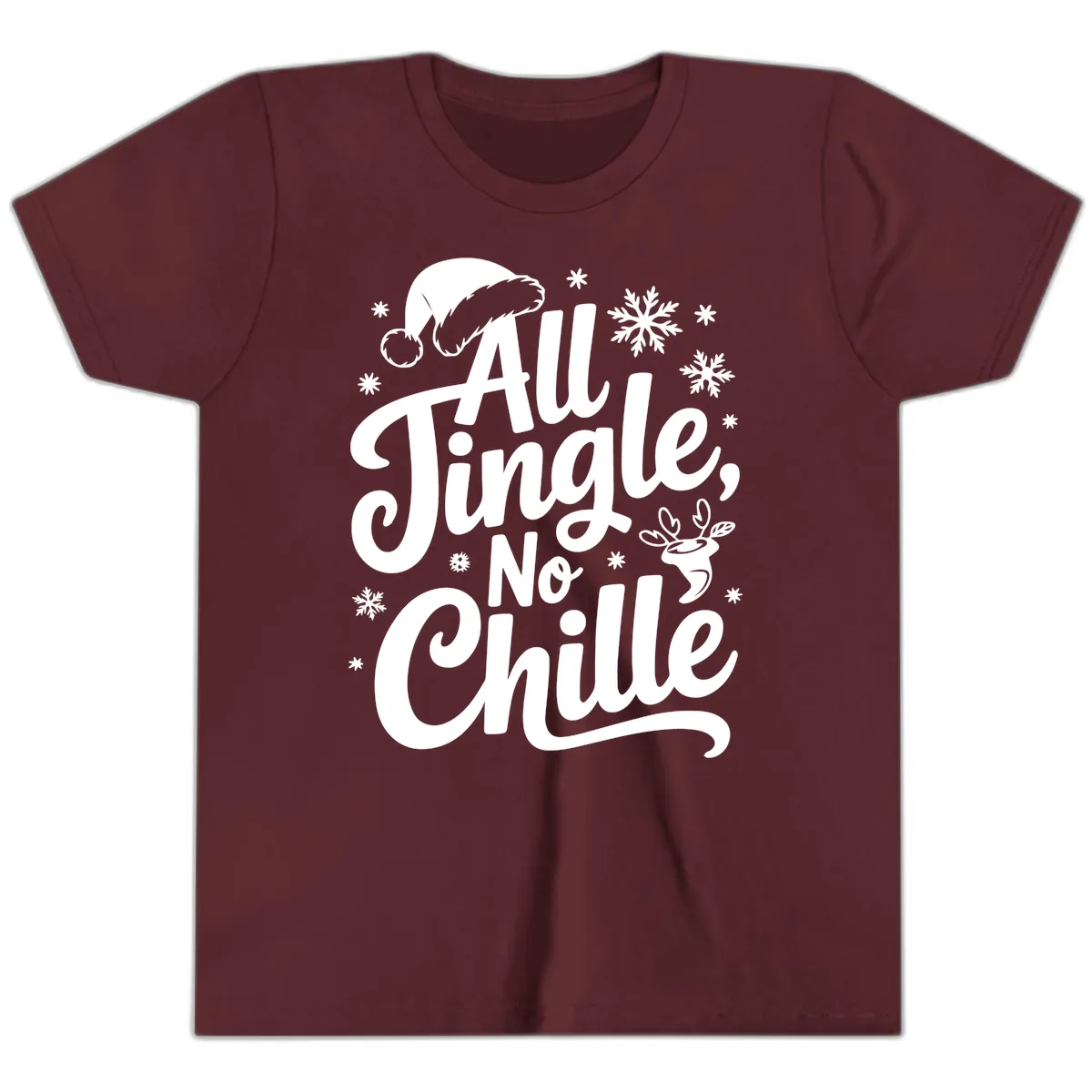 All Jingle No Chille Christmas Phrase Youth T-Shirt in Maroon
