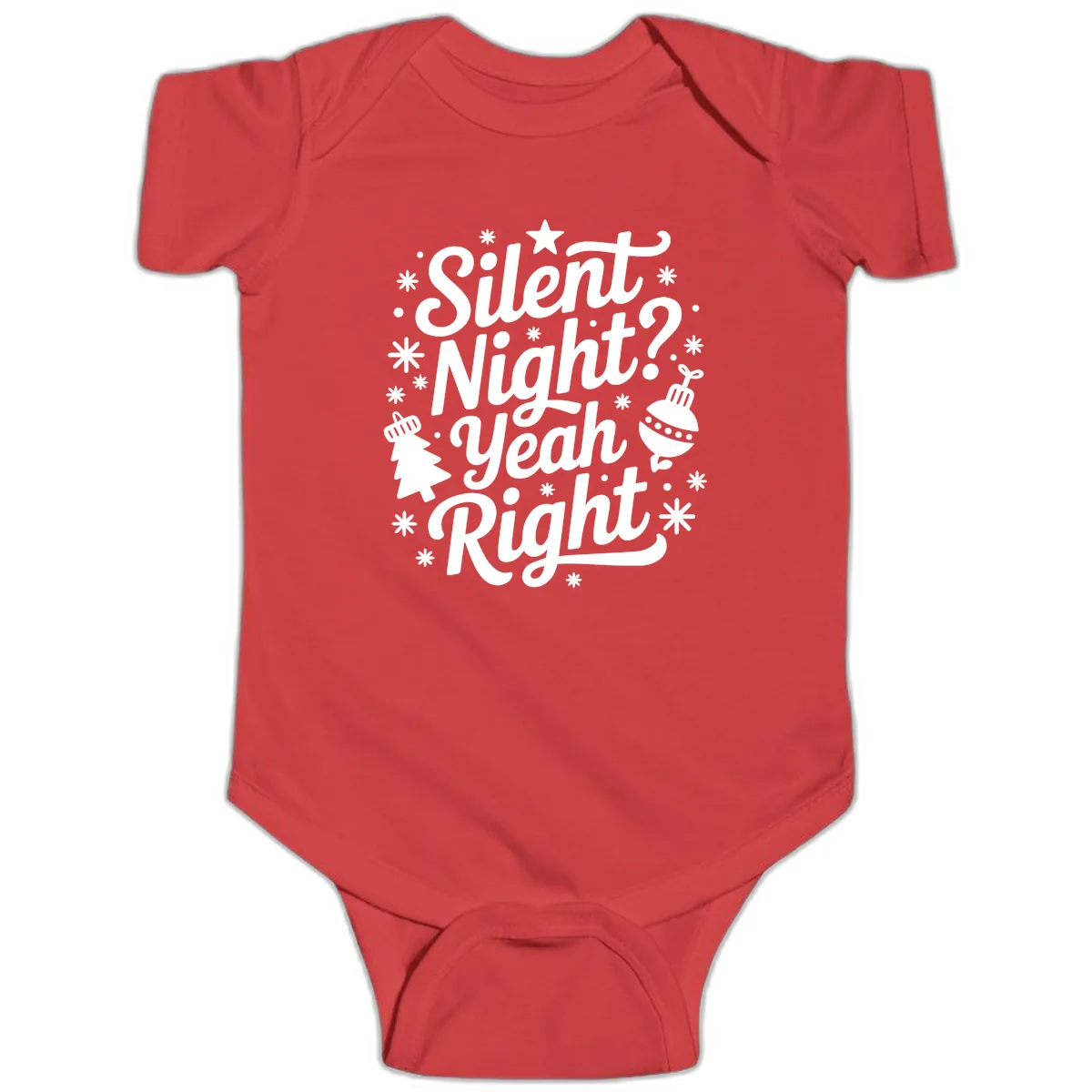 Silent Night Yeah Right Typography Baby Onesie in Red