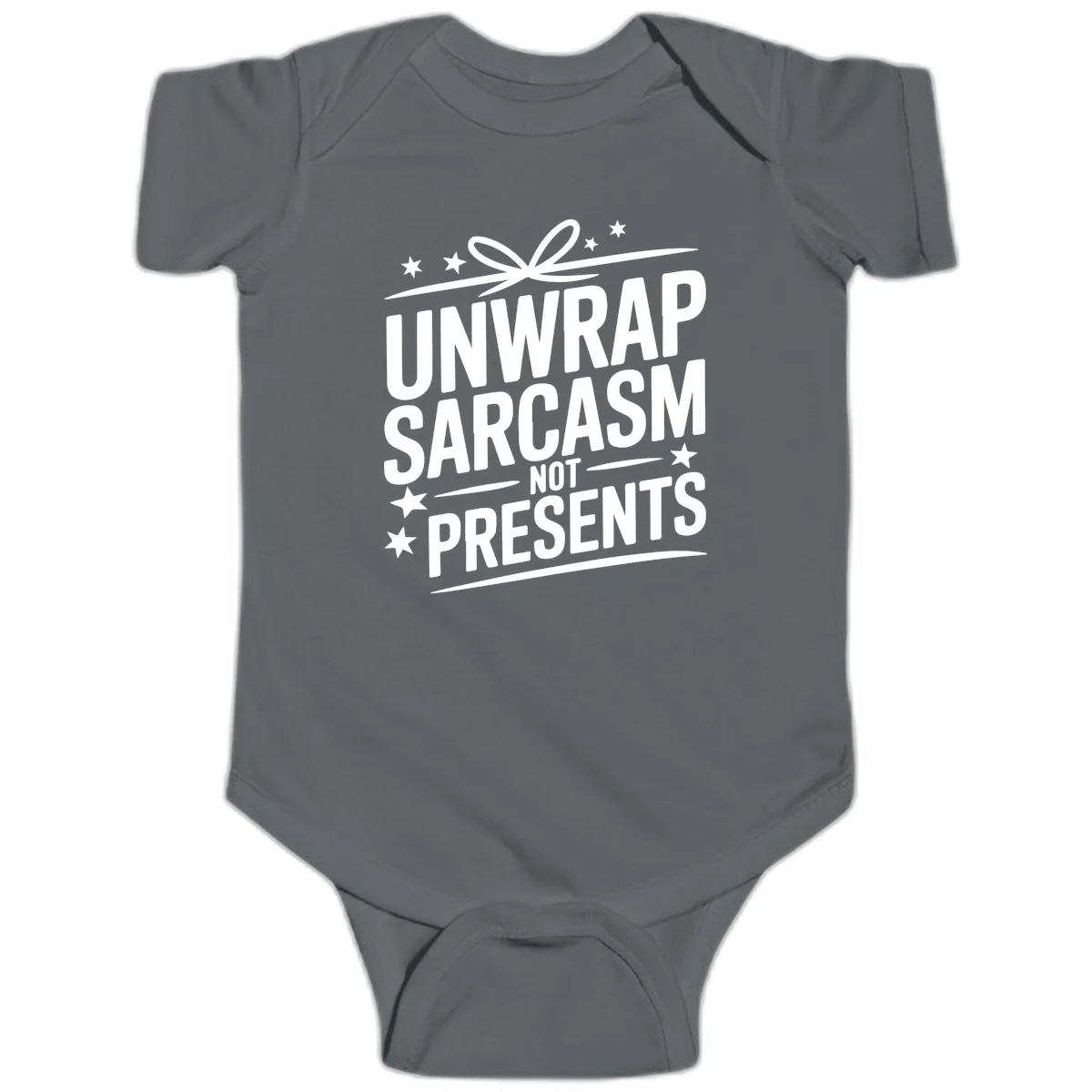 Unwrap Sarcasm Not Presents Baby Onesie in Charcoal