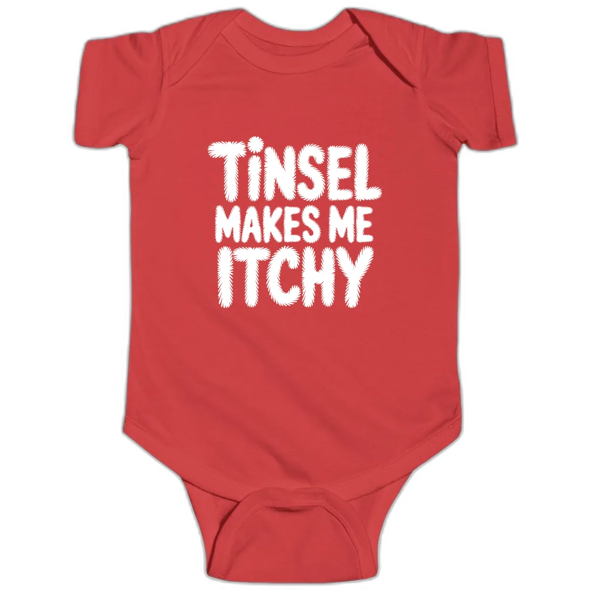 Tinsel Makes Me Itchy Typography Design Baby Onesie in Red