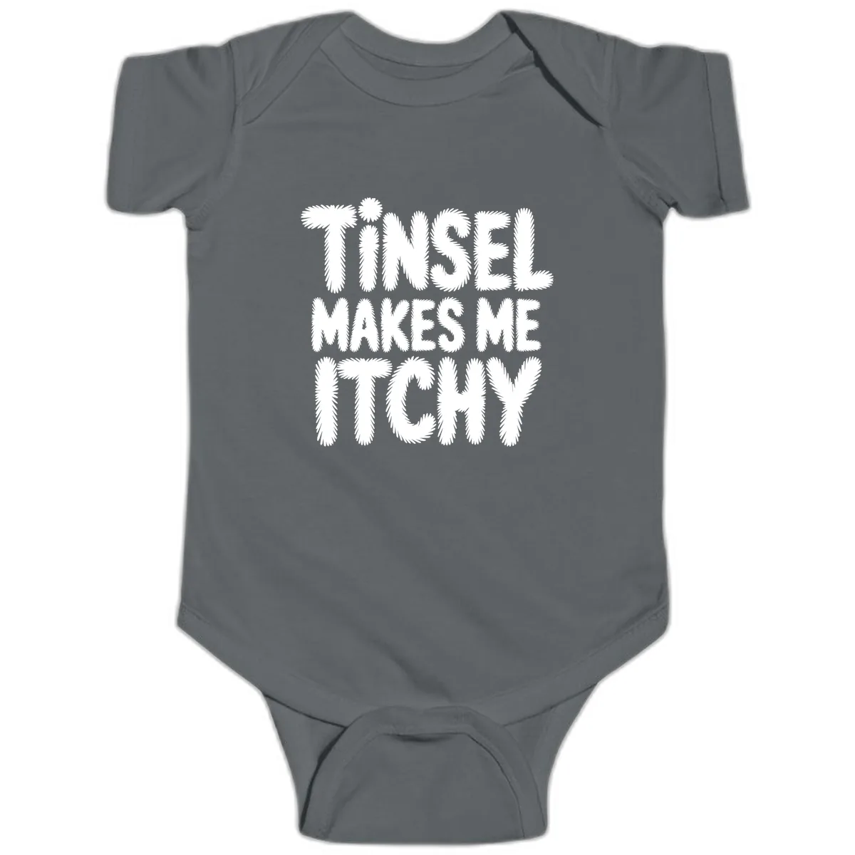 Tinsel Makes Me Itchy Typography Design Baby Onesie in Charcoal
