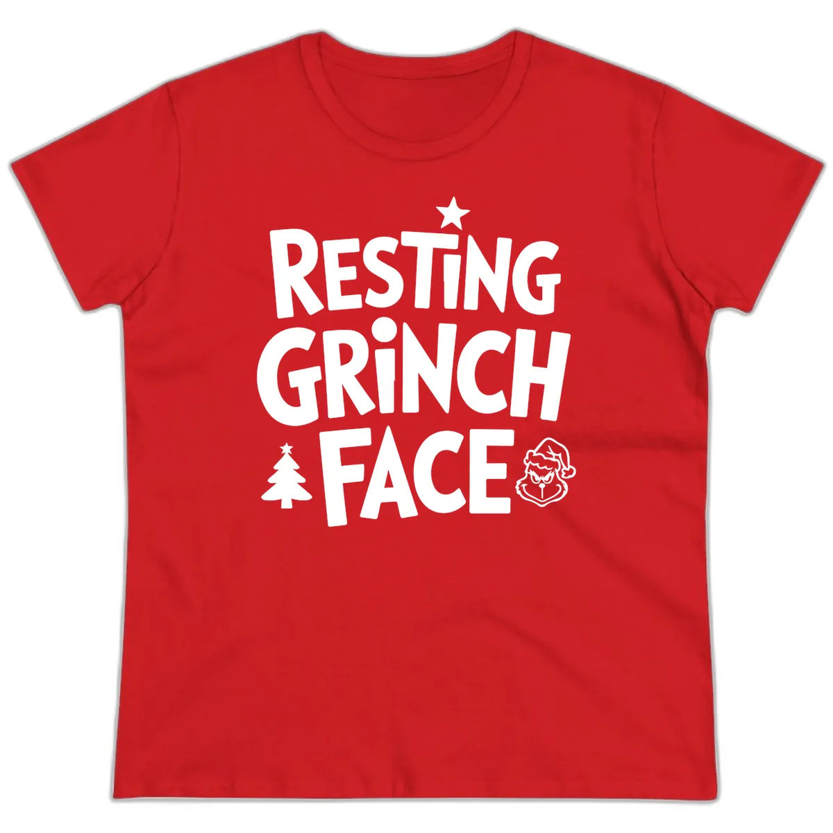 Resting Grinch Face Typography Ladies Tee in Red