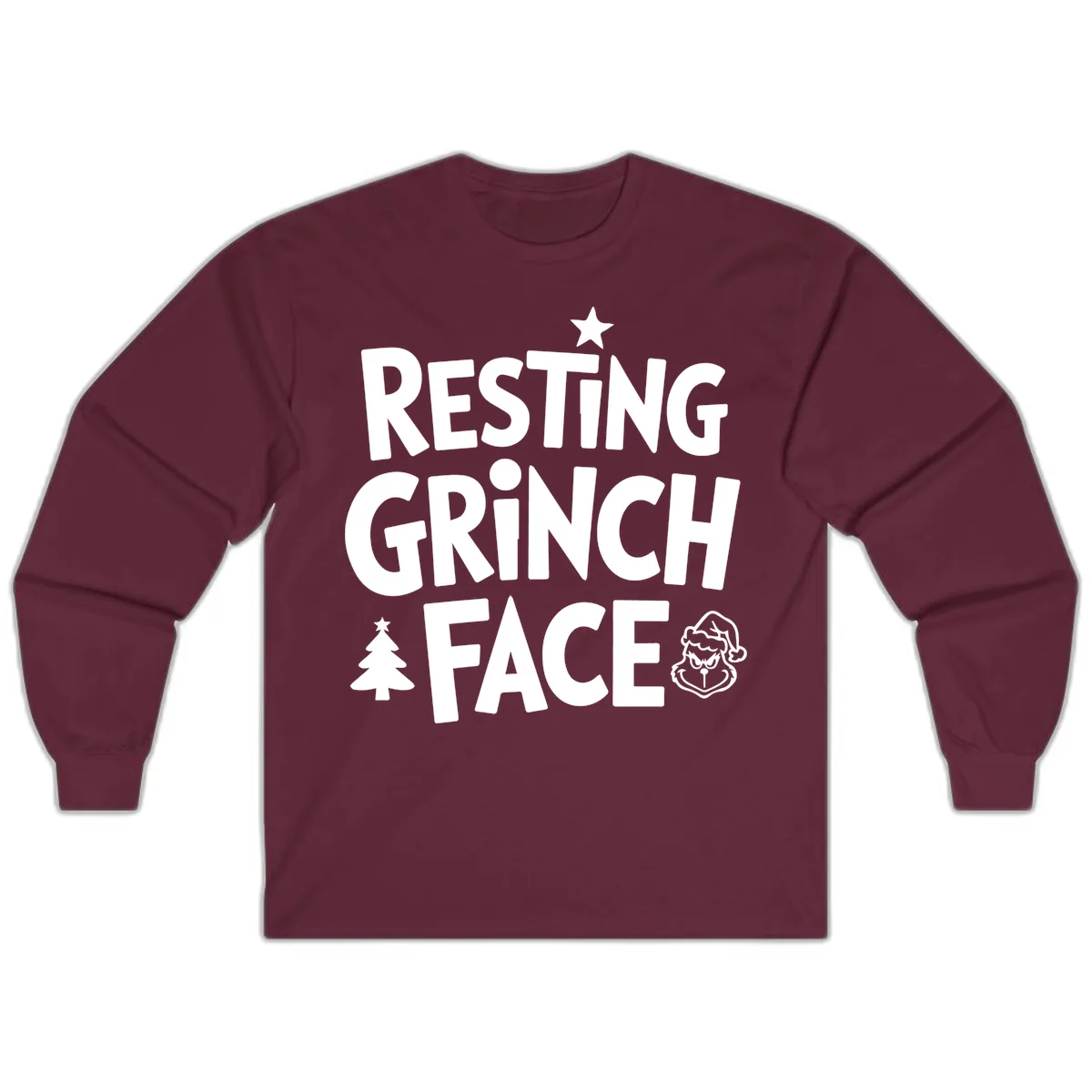 Resting Grinch Face Typography Long Sleeve in Maroon