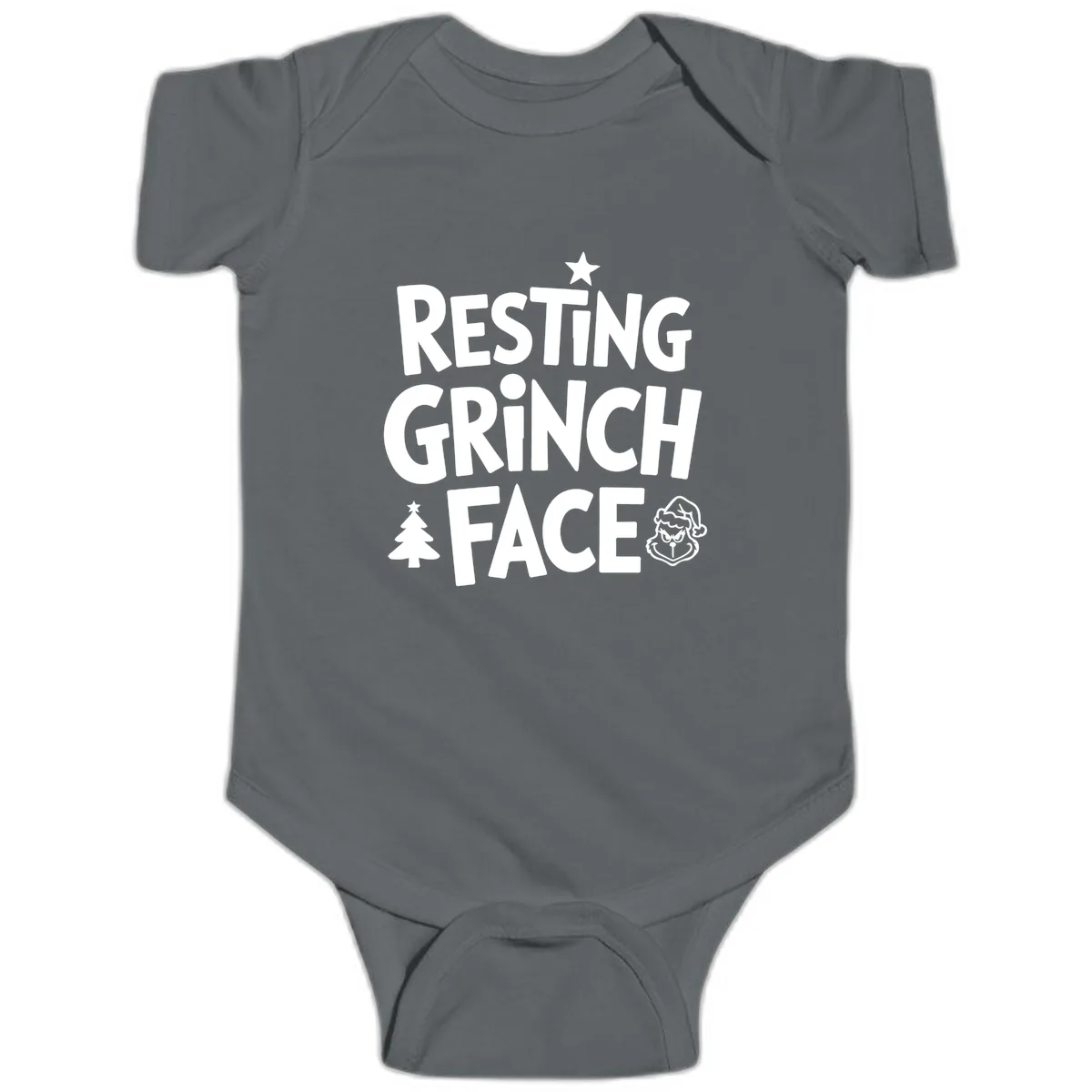 Resting Grinch Face Typography Baby Onesie in Charcoal