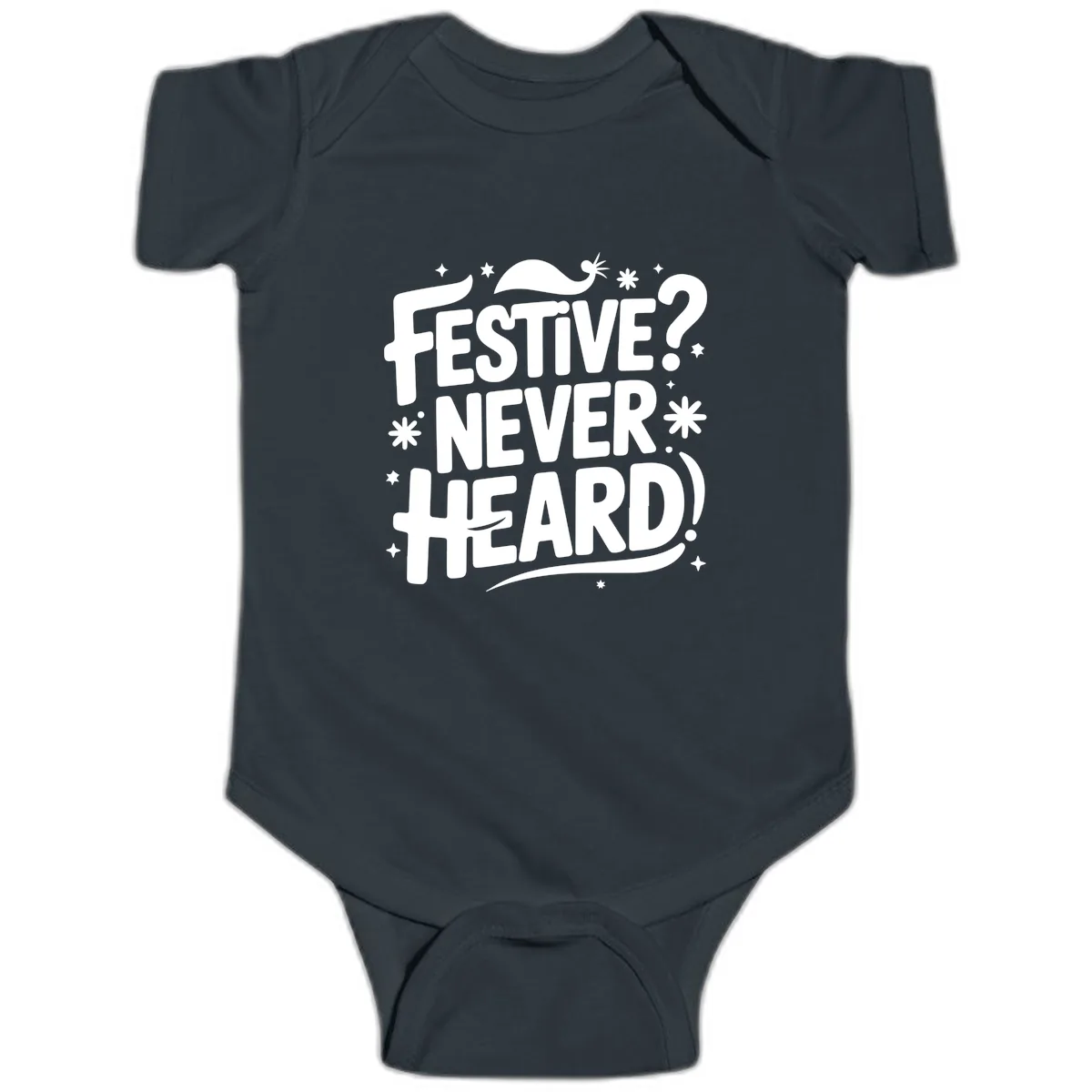 Festive Never Heard Christmas Typography Baby Onesie in Black