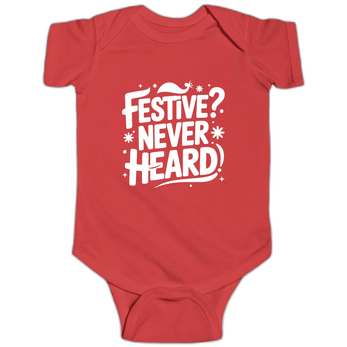 Festive Never Heard Christmas Typography Baby Onesie in Red