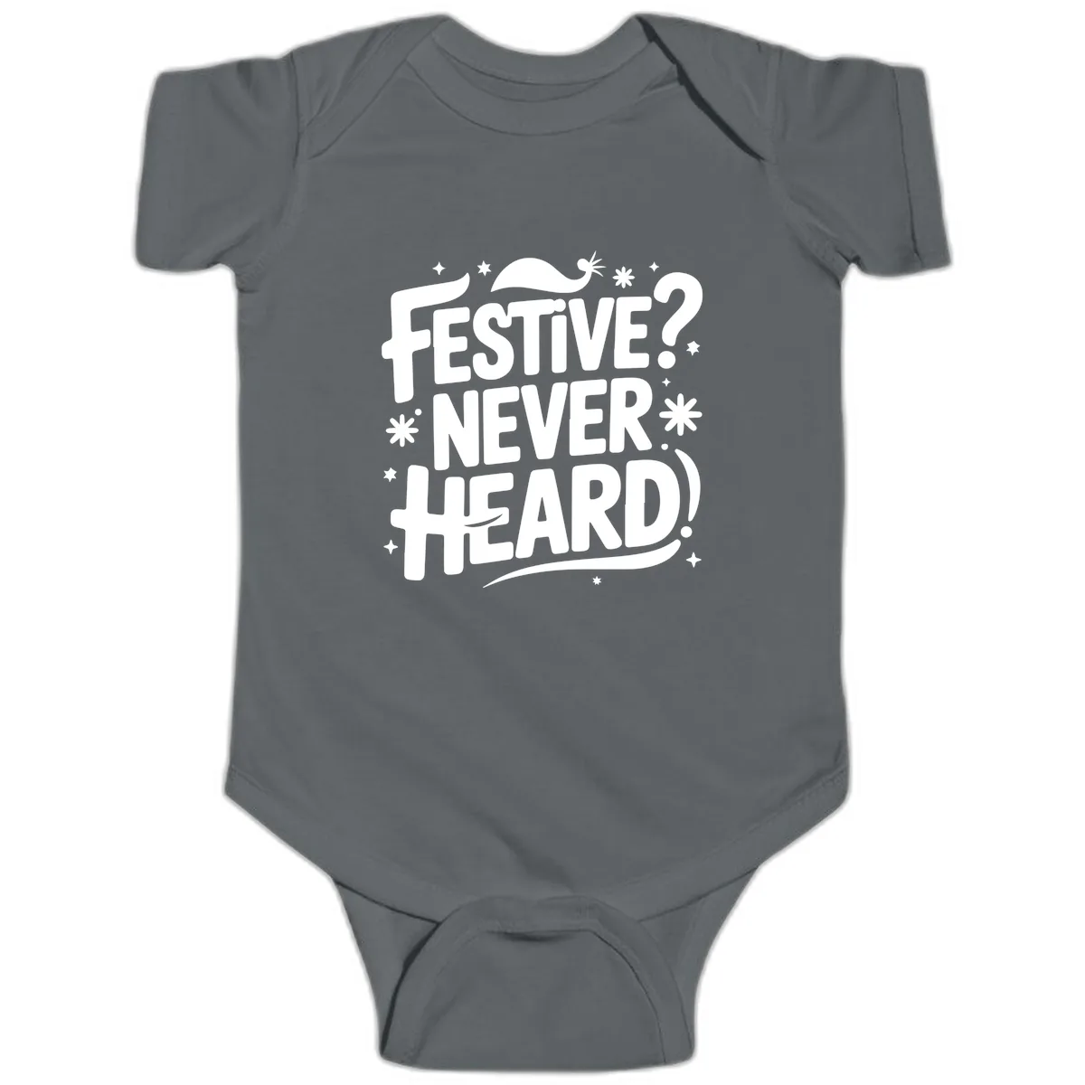 Festive Never Heard Christmas Typography Baby Onesie in Charcoal