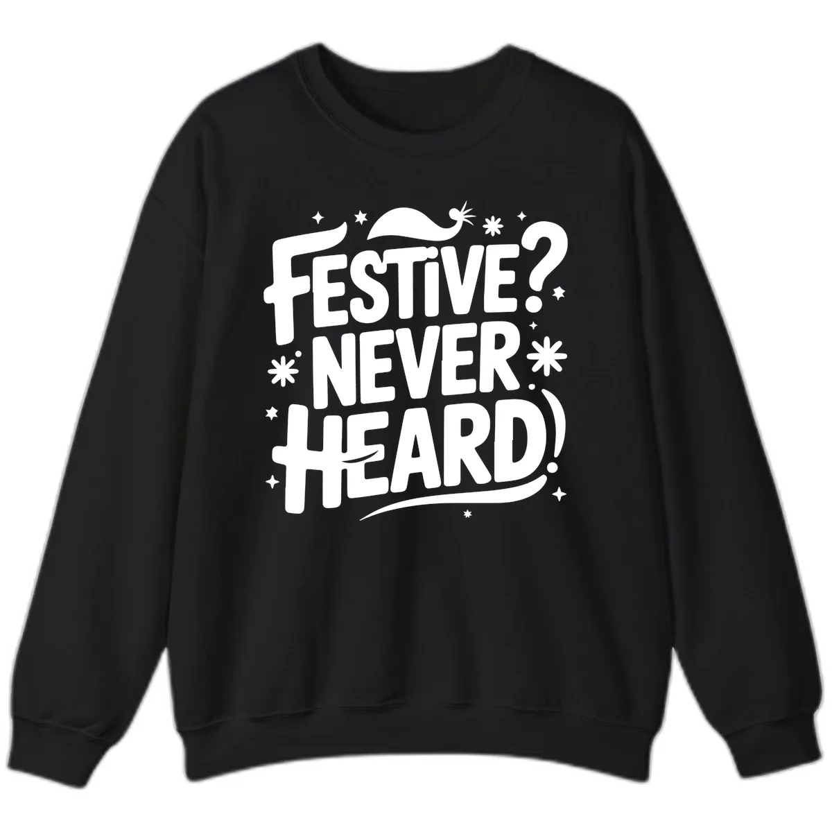 Festive Never Heard Christmas Typography Sweatshirt in Black
