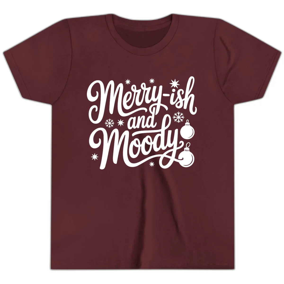 Merry-ish and Moody Christmas Youth T-Shirt in Maroon