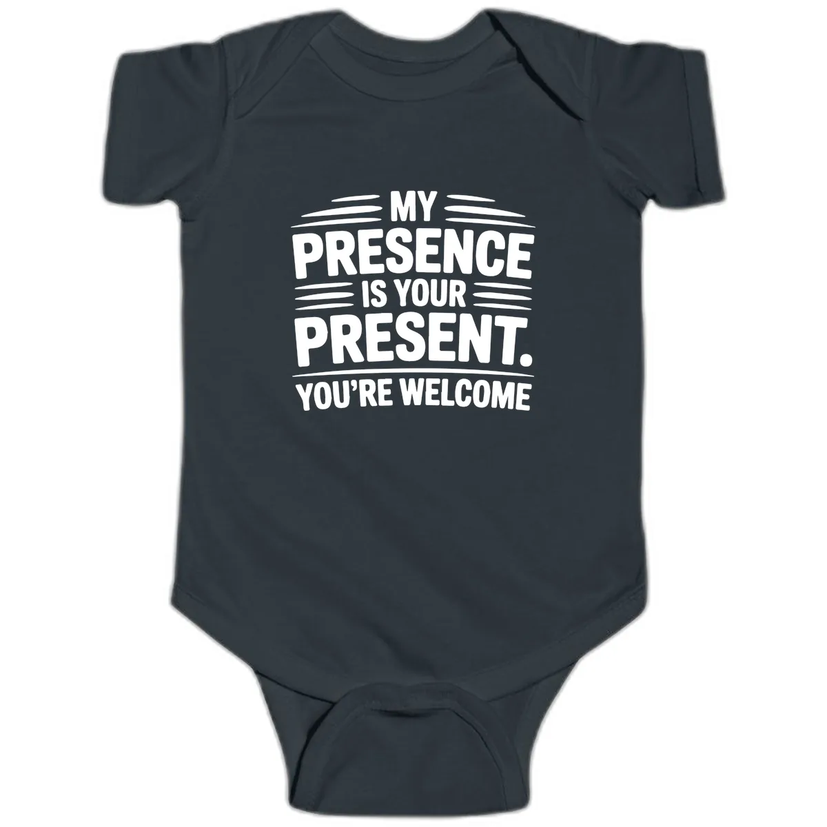 My Presence Is Your Present Typography Baby Onesie in Black