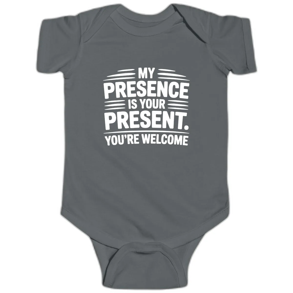 My Presence Is Your Present Typography Baby Onesie in Charcoal