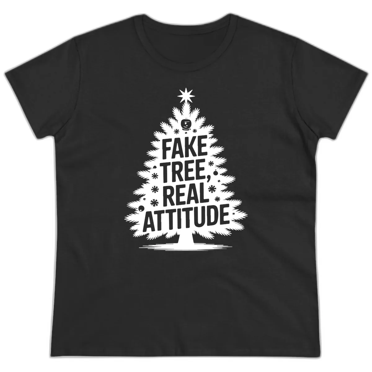 Fake Tree, Real Attitude Christmas Graphic Ladies Tee in Black
