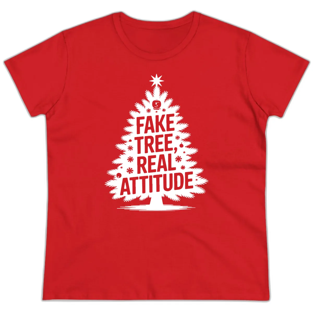 Fake Tree, Real Attitude Christmas Graphic Ladies Tee in Red