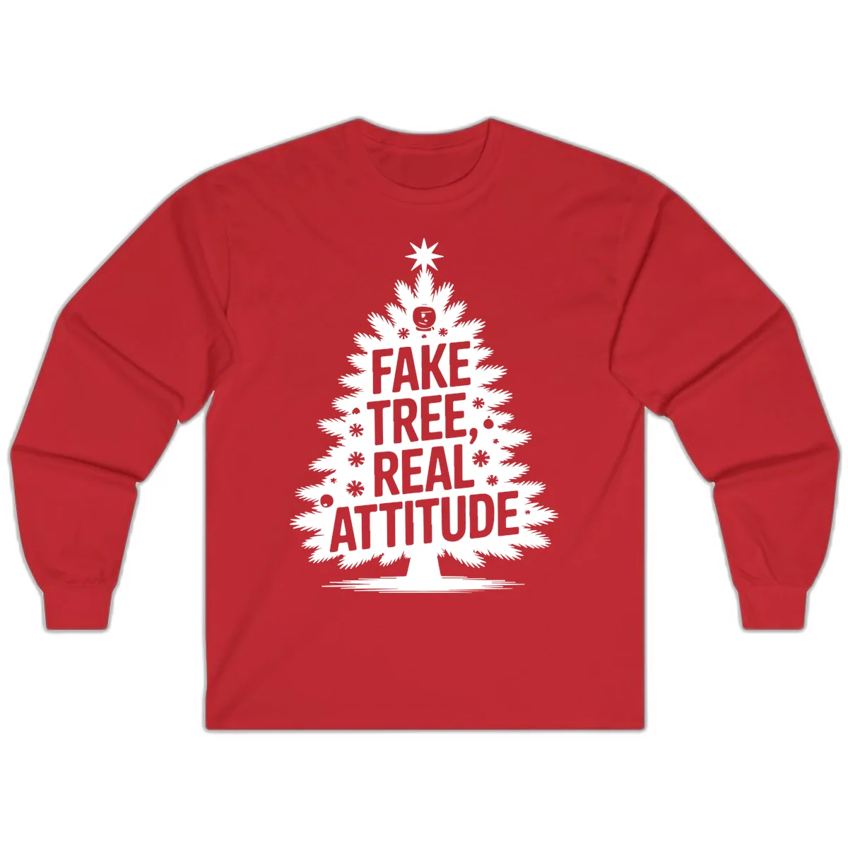Fake Tree, Real Attitude Christmas Graphic Long Sleeve in Red