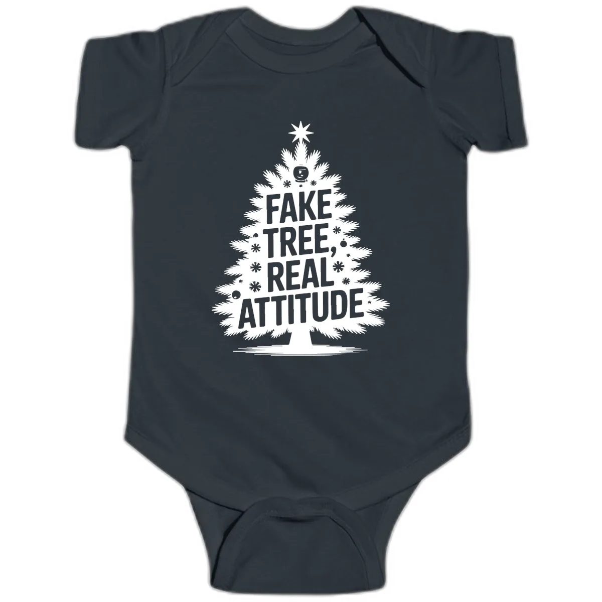 Fake Tree, Real Attitude Christmas Graphic Baby Onesie in Black