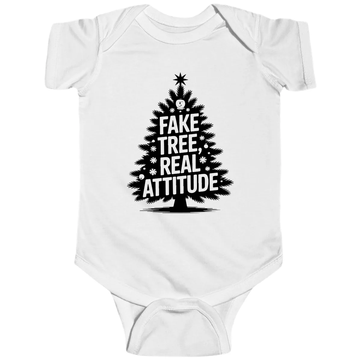 Fake Tree, Real Attitude Christmas Graphic Baby Onesie in White