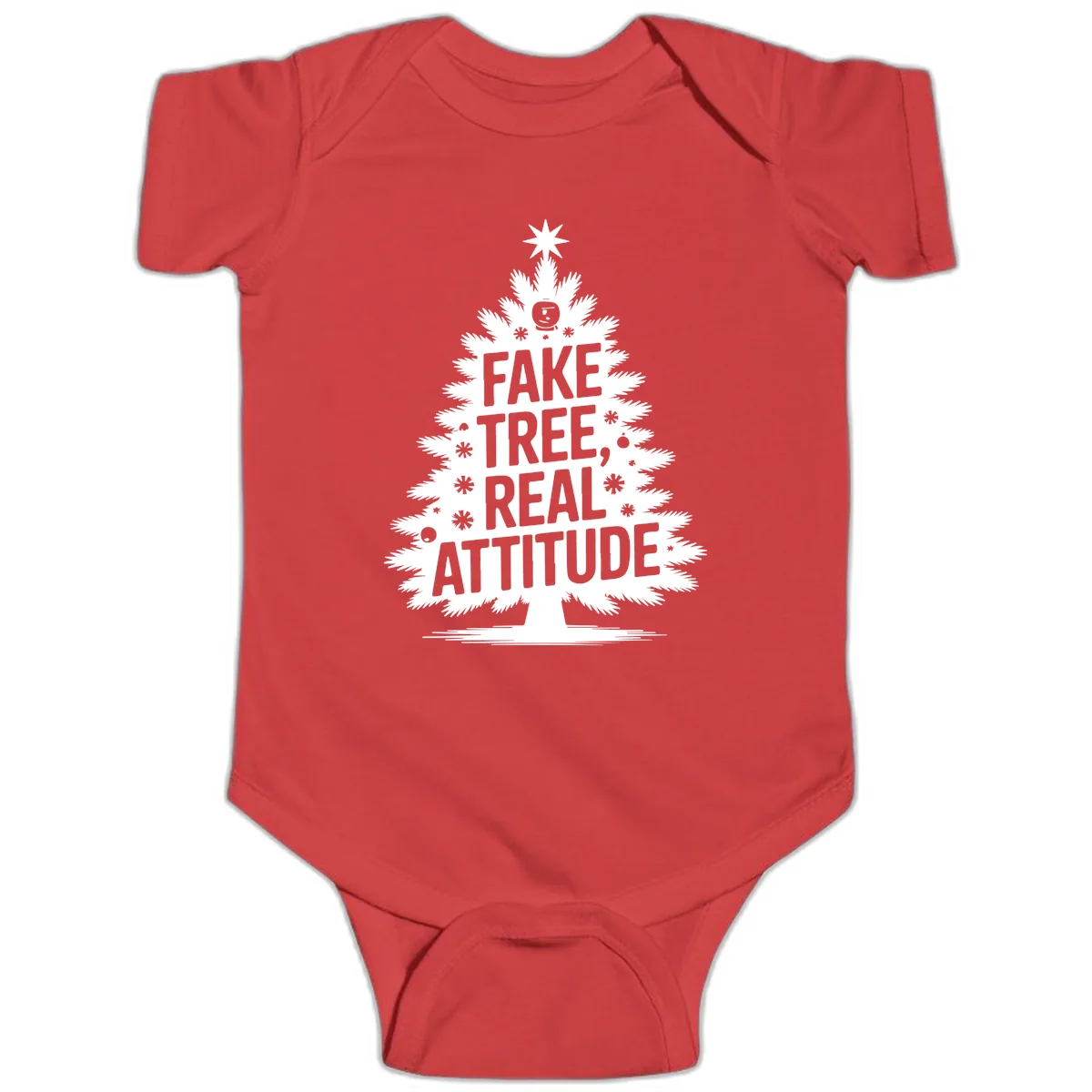 Fake Tree, Real Attitude Christmas Graphic Baby Onesie in Red