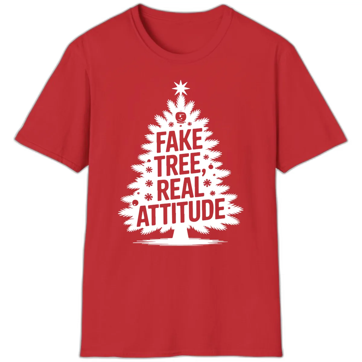 Fake Tree, Real Attitude Christmas Graphic T-Shirt in Red