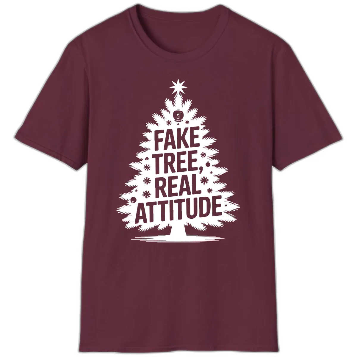 Fake Tree, Real Attitude Christmas Graphic T-Shirt in Maroon