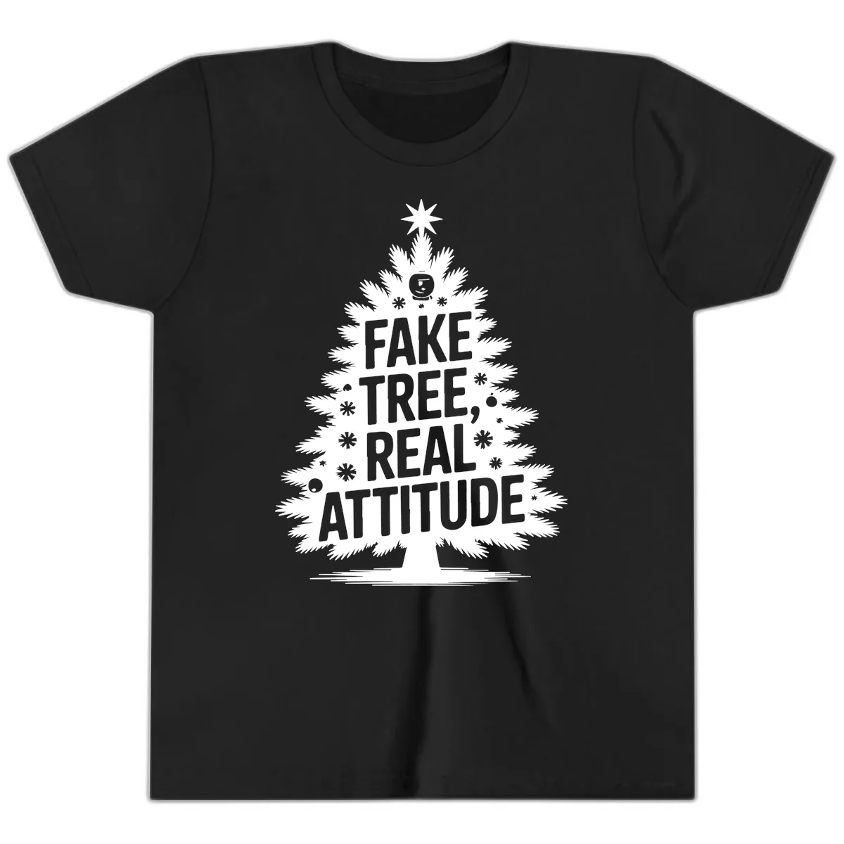 Fake Tree, Real Attitude Christmas Graphic Youth T-Shirt in Black