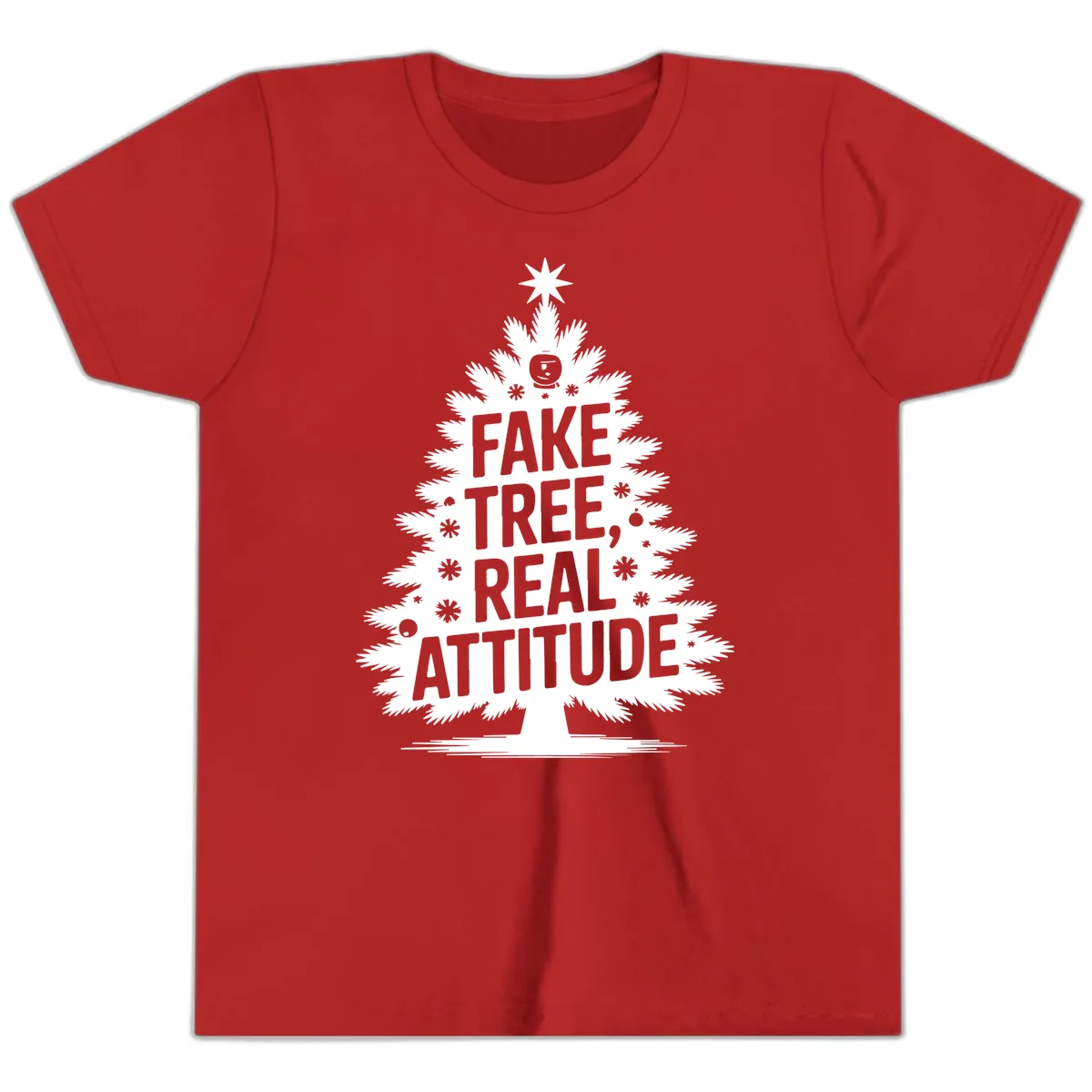 Fake Tree, Real Attitude Christmas Graphic Youth T-Shirt in Red