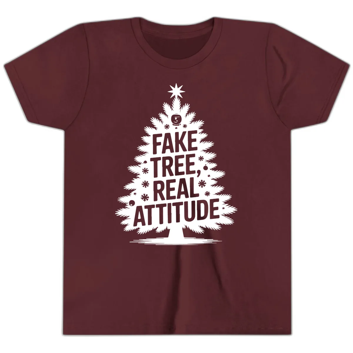 Fake Tree, Real Attitude Christmas Graphic Youth T-Shirt in Maroon