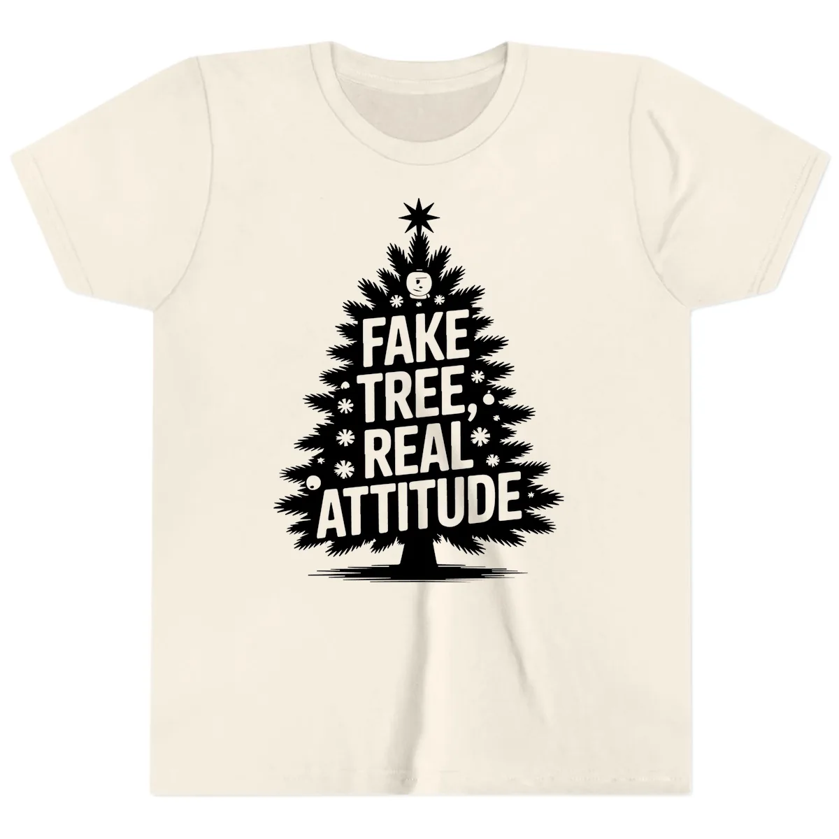 Fake Tree, Real Attitude Christmas Graphic Youth T-Shirt in Natural