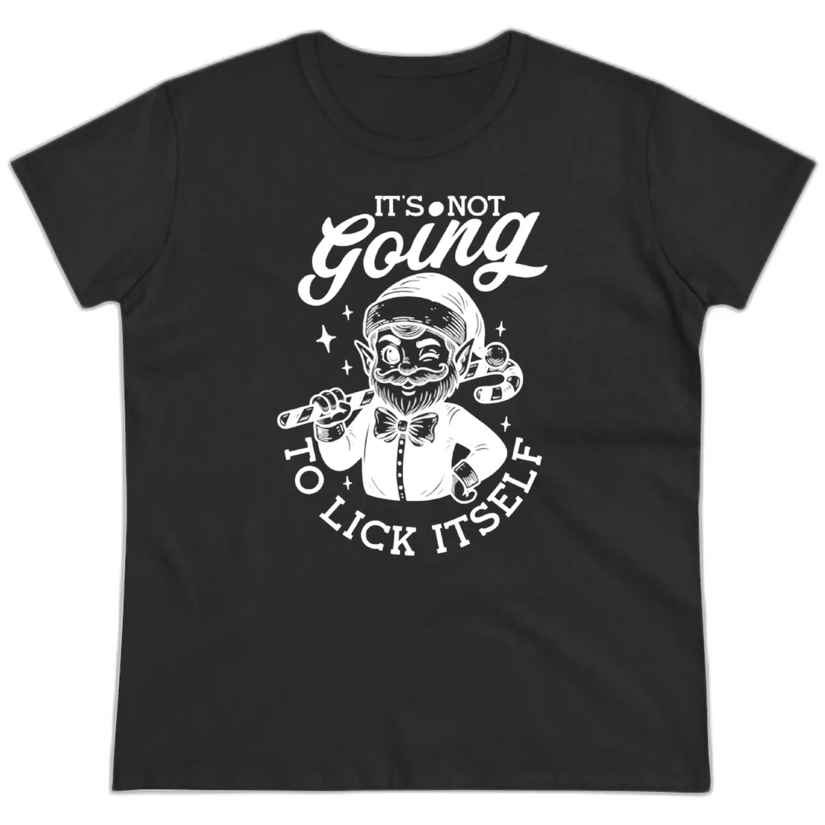 Elf With Candy Cane Ladies Tee in Black