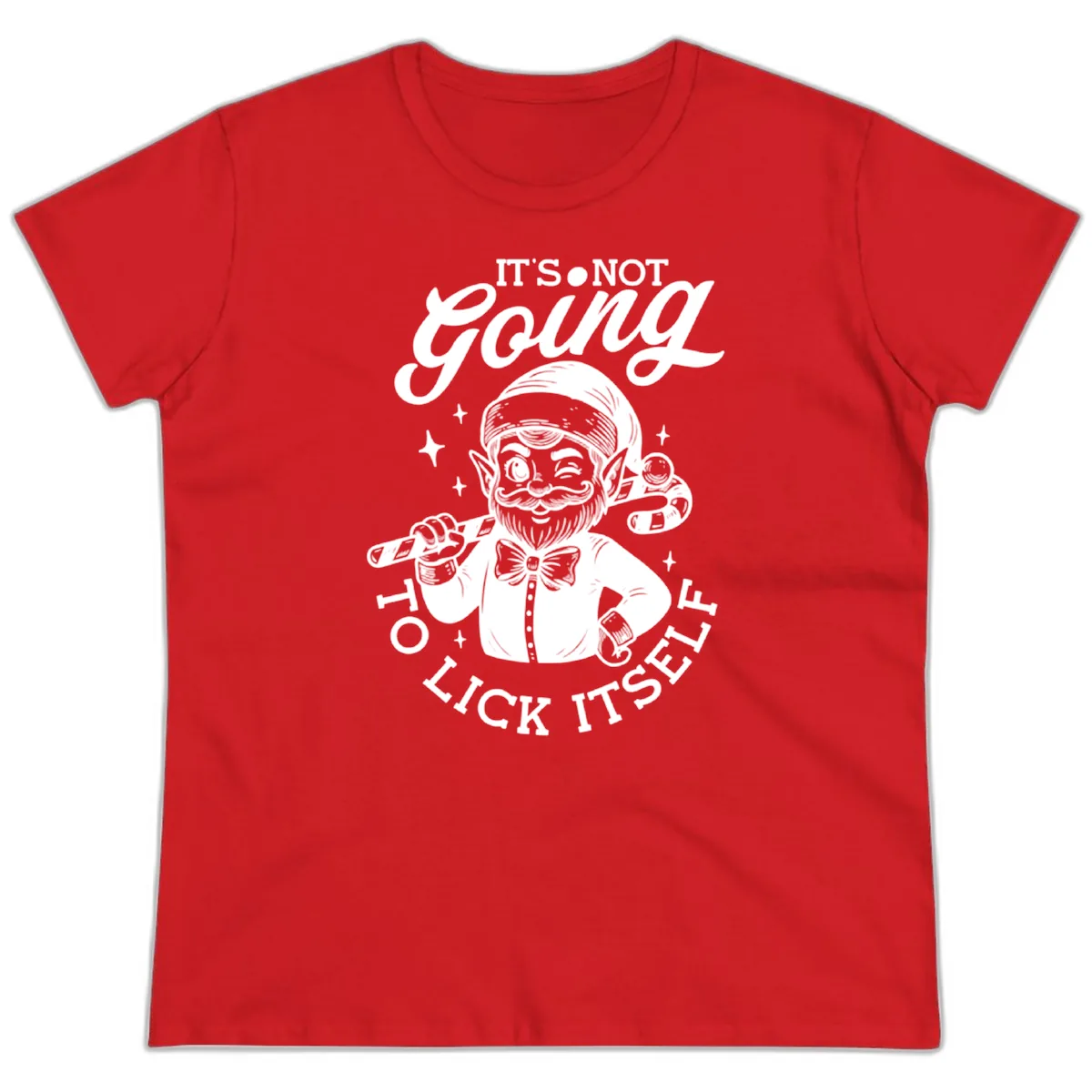 Elf With Candy Cane Ladies Tee in Red