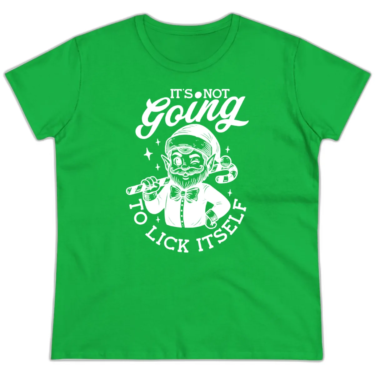 Elf With Candy Cane Ladies Tee in Irish Green