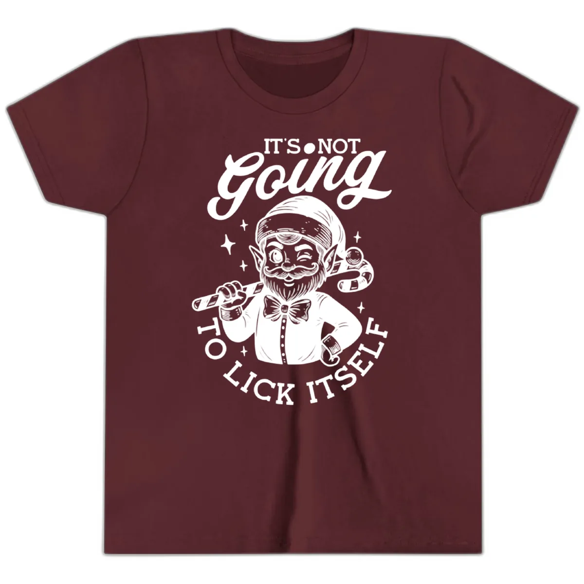 Elf With Candy Cane Youth T-Shirt in Maroon