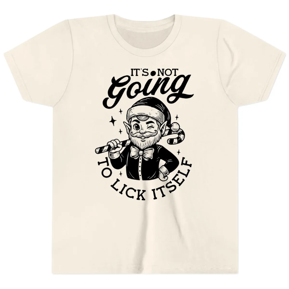 Elf With Candy Cane Youth T-Shirt in Natural