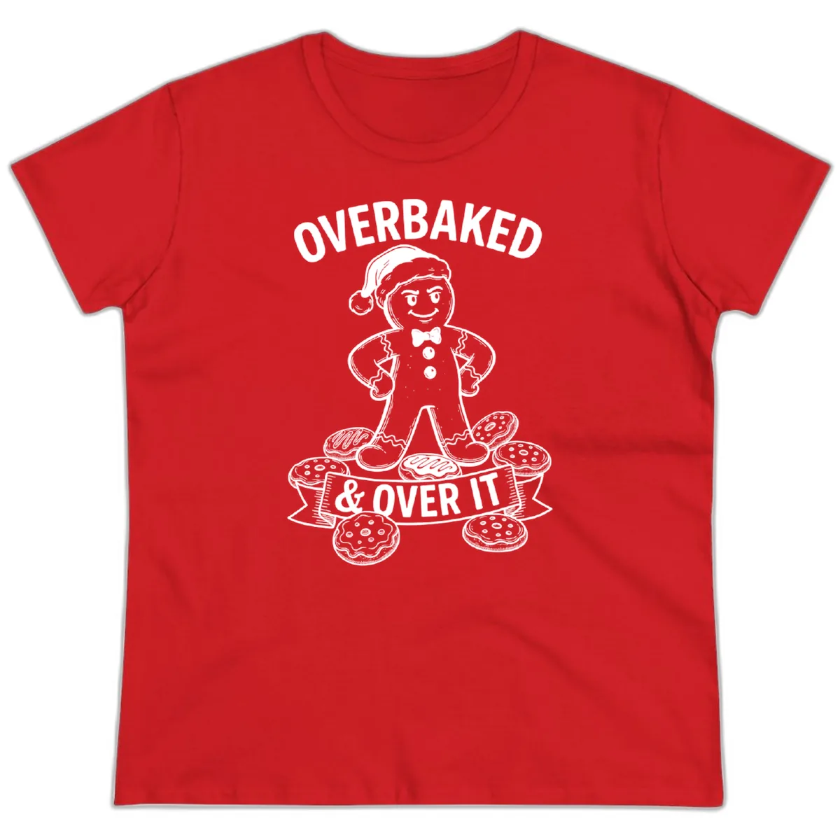 Overbaked And Over It Gingerbread Ladies Tee in Red