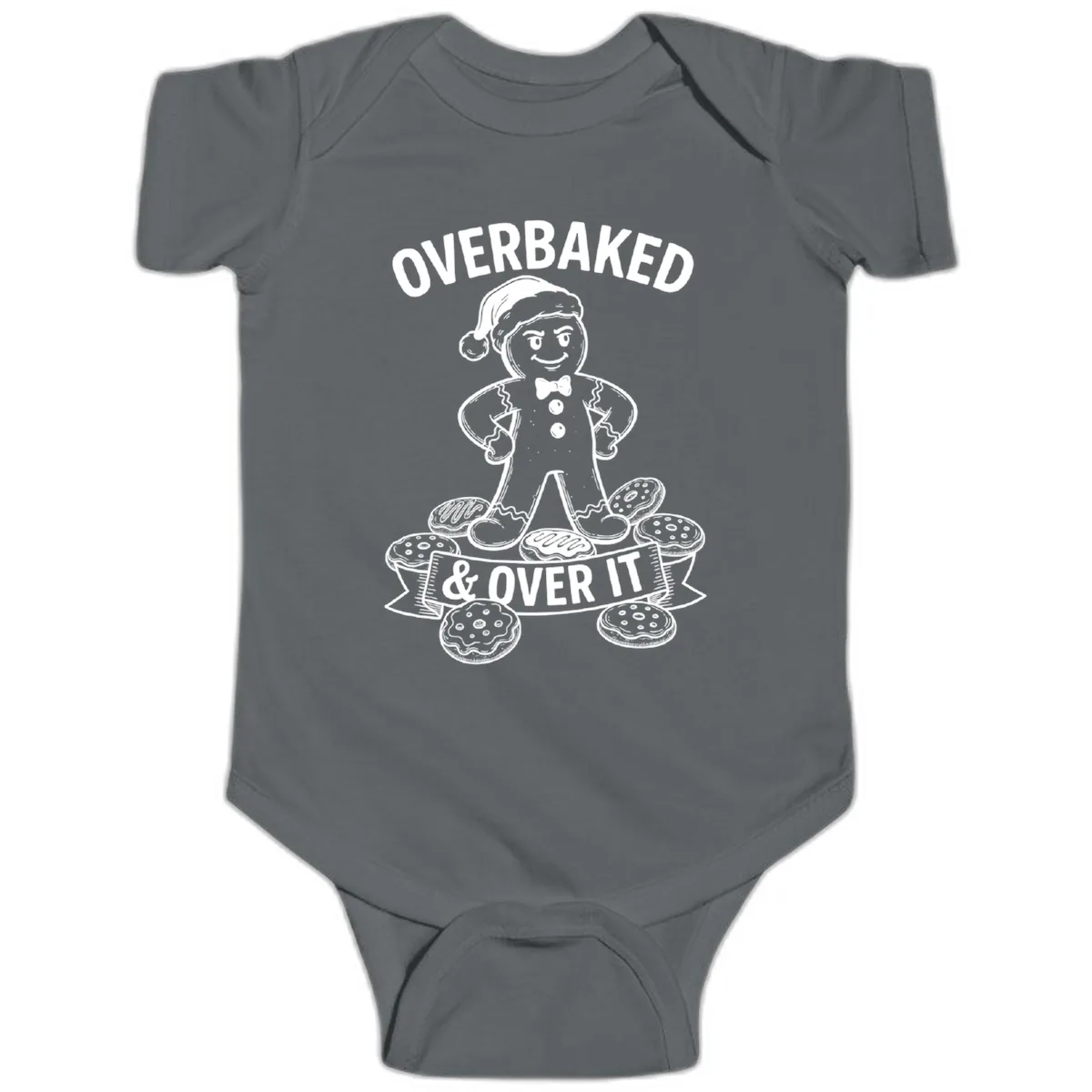 Overbaked And Over It Gingerbread Baby Onesie in Charcoal