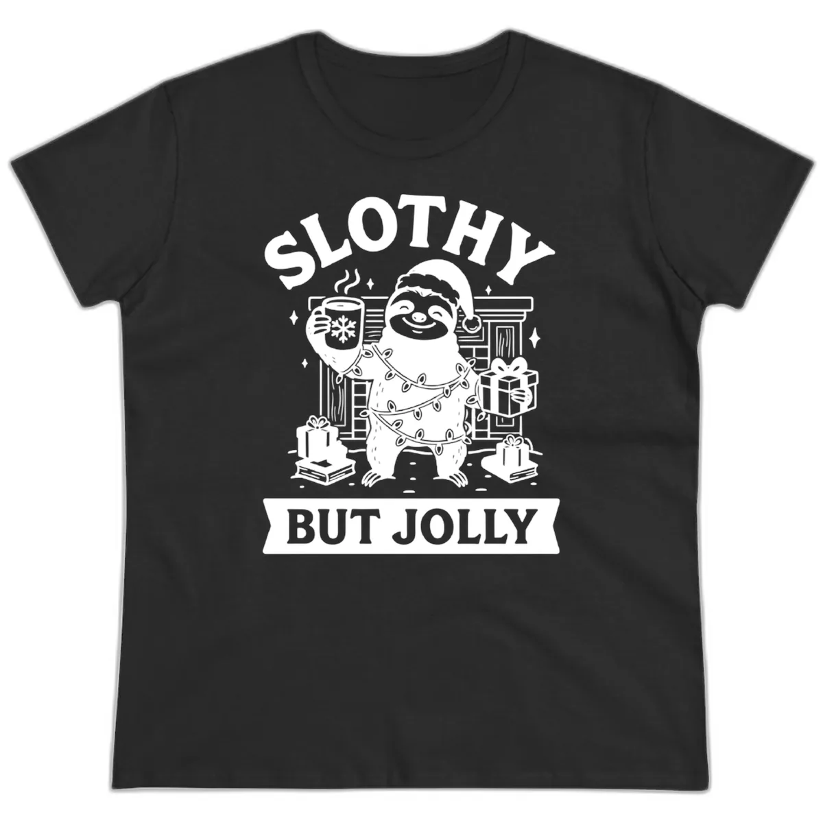 Slothy But Jolly Christmas Sloth Ladies Tee in Black