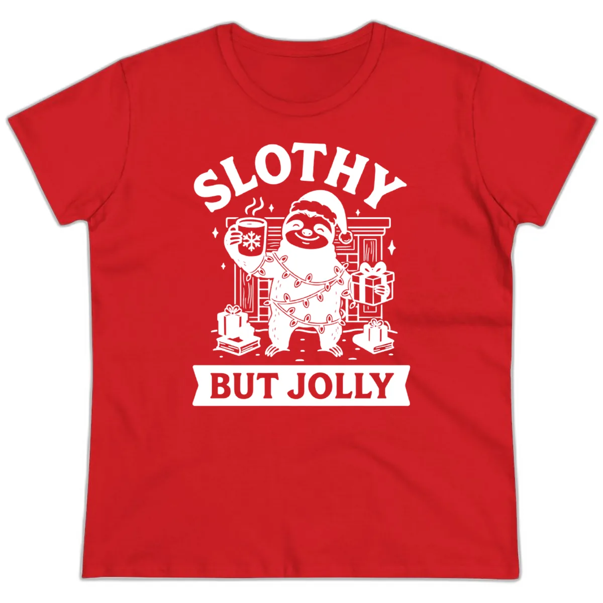 Slothy But Jolly Christmas Sloth Ladies Tee in Red