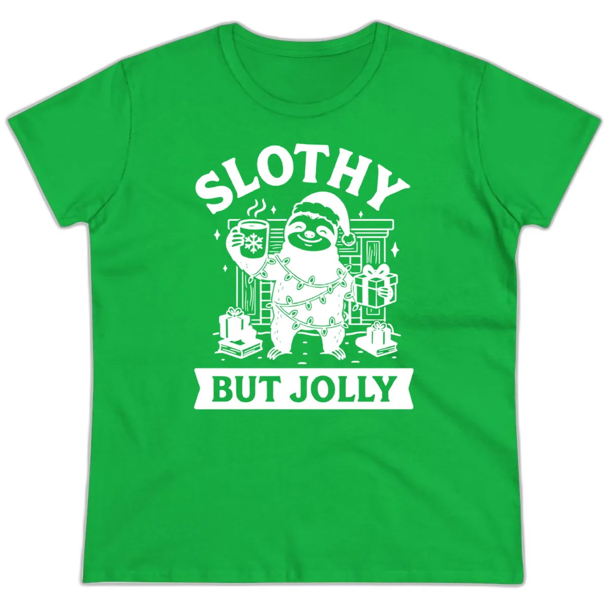 Slothy But Jolly Christmas Sloth Ladies Tee in Irish Green