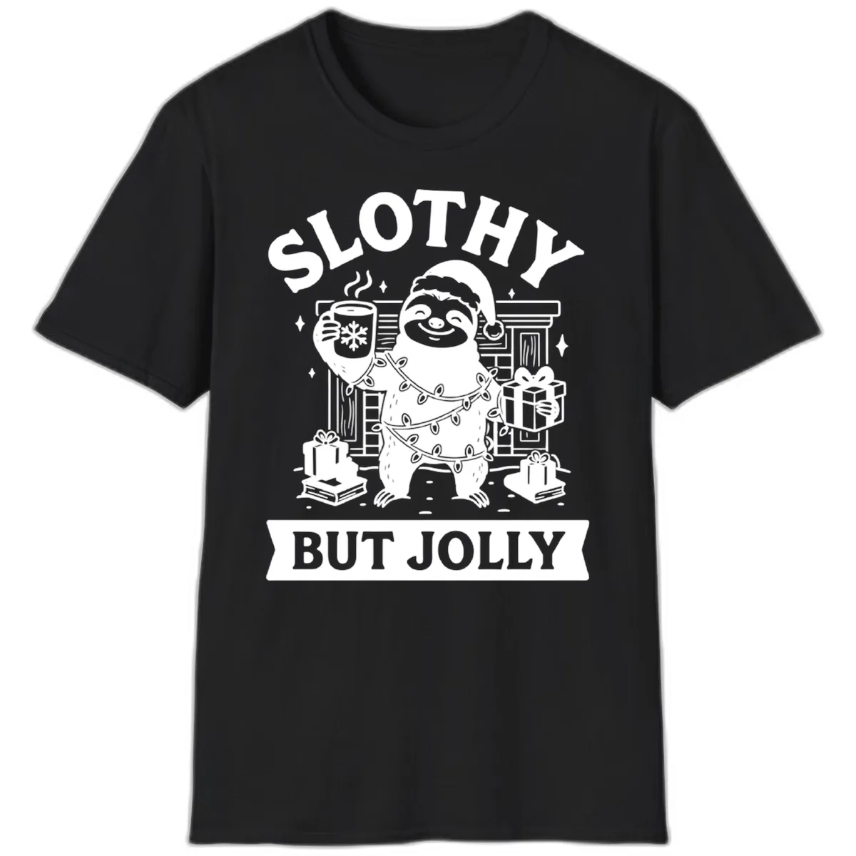 Slothy But Jolly Christmas Sloth T-Shirt in Black