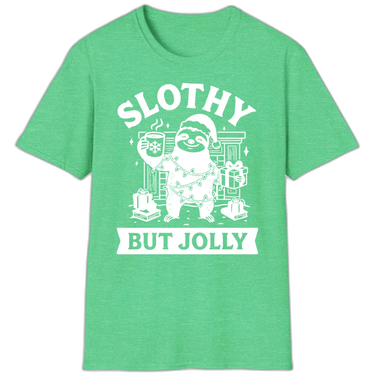 Slothy But Jolly Christmas Sloth T-Shirt in Heather Irish Green