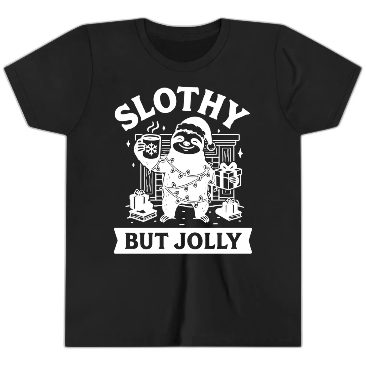 Slothy But Jolly Christmas Sloth Youth T-Shirt in Black