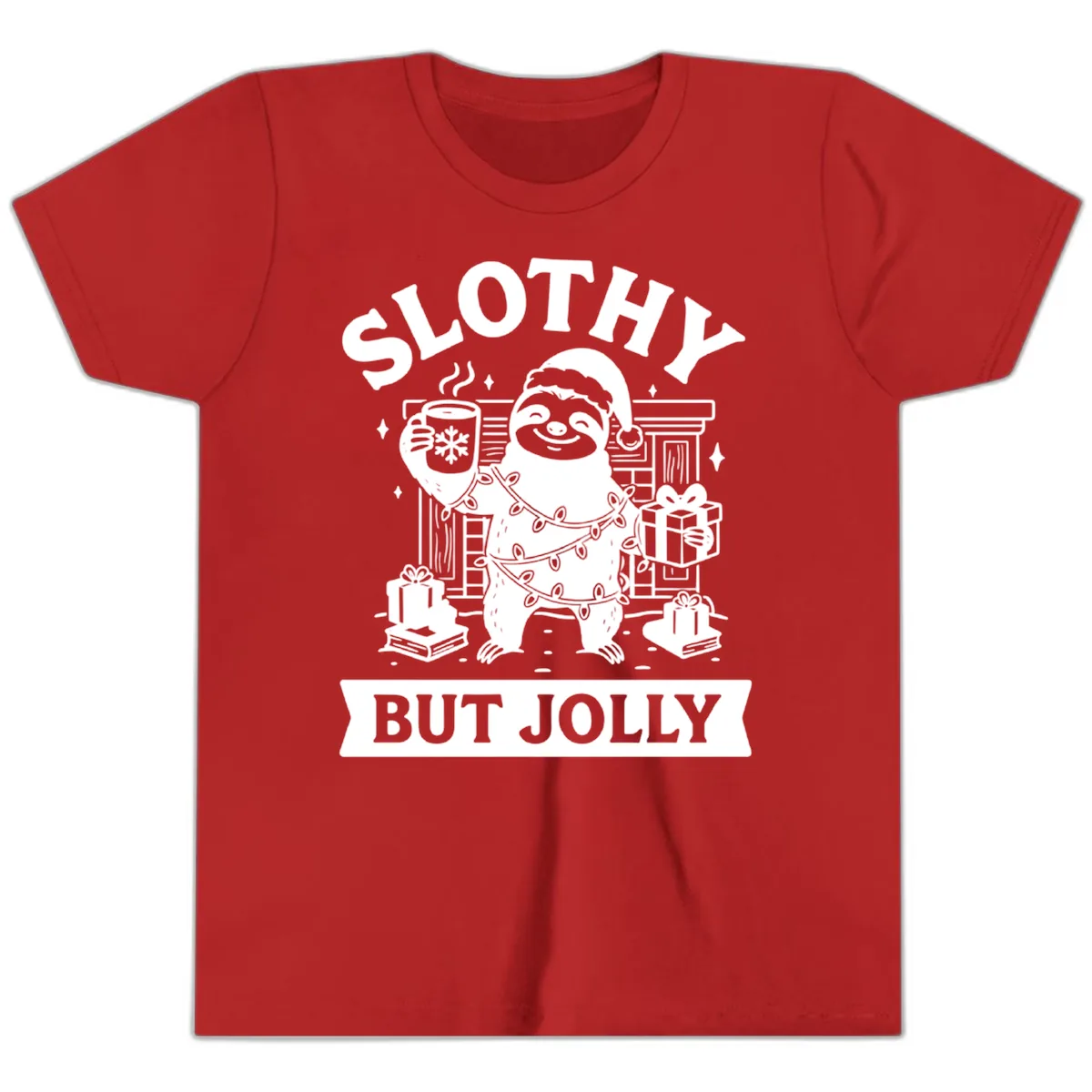 Slothy But Jolly Christmas Sloth Youth T-Shirt in Red