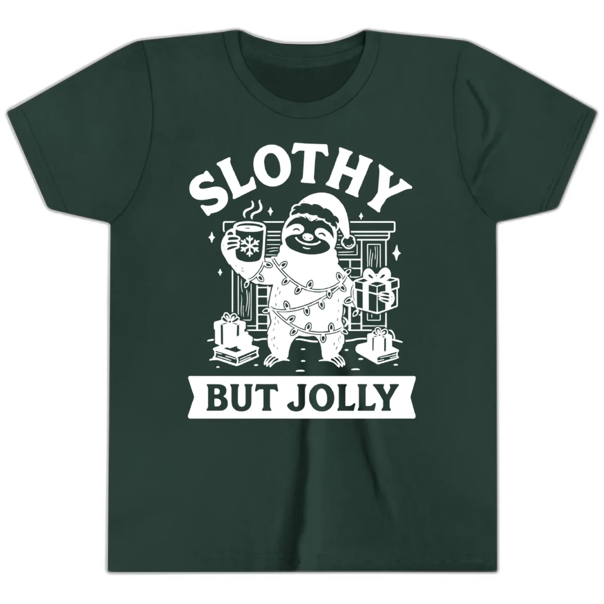 Slothy But Jolly Christmas Sloth Youth T-Shirt in Forest
