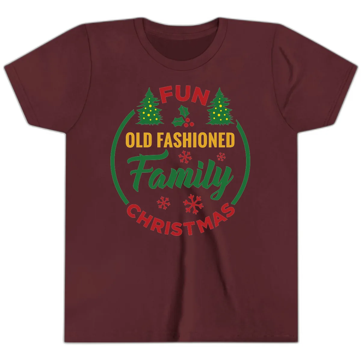 Old Fashioned Family Christmas Fun Youth T-Shirt in Maroon