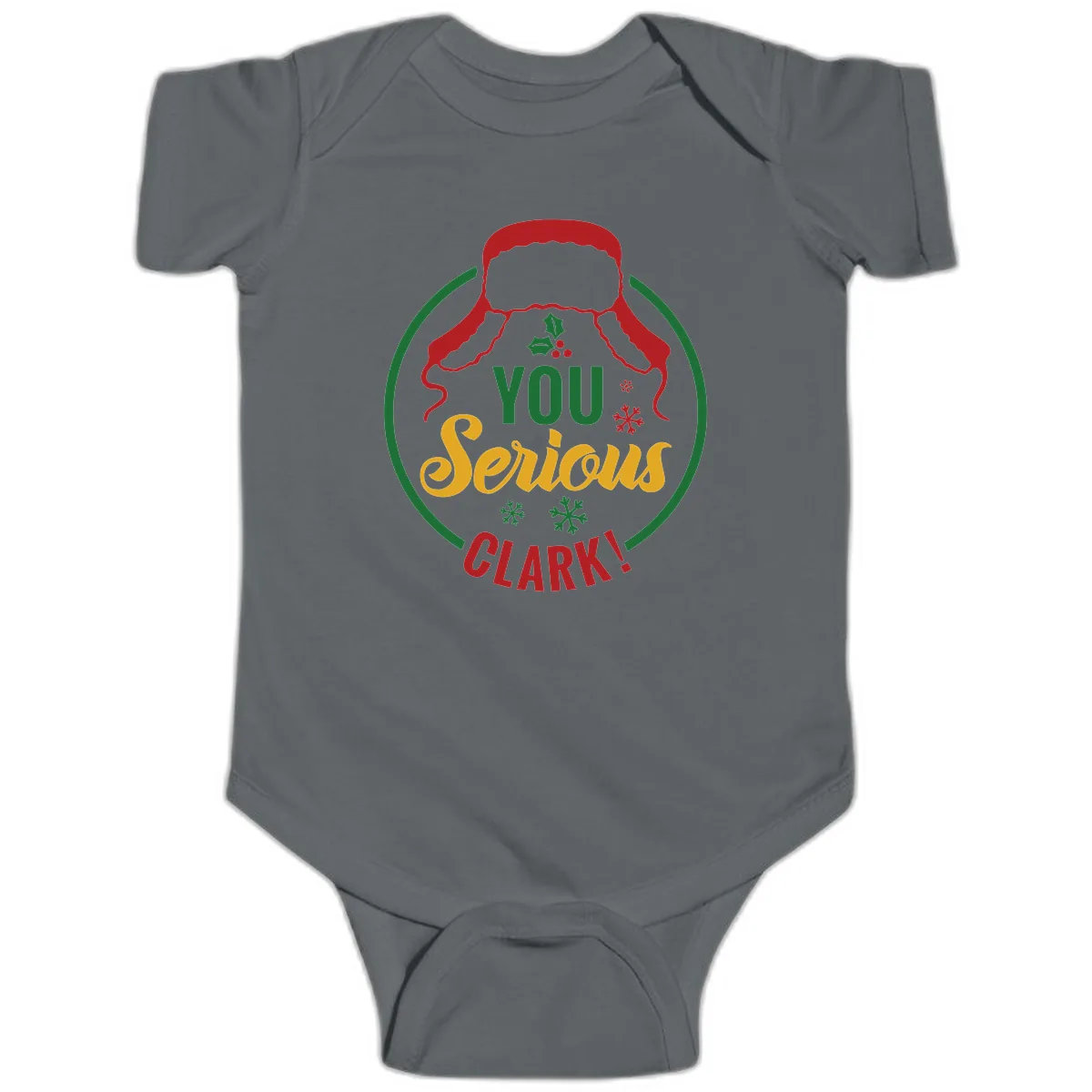 You Serious Clark Christmas Graphic Baby Onesie in Charcoal