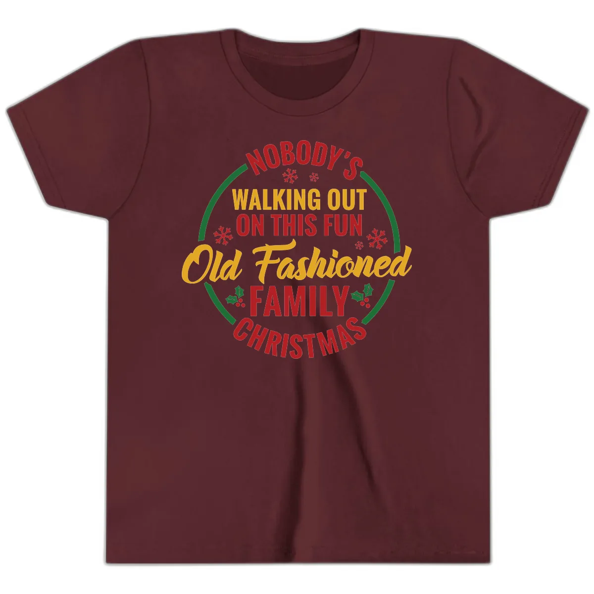 Old Fashioned Family Christmas Typography Youth T-Shirt in Maroon