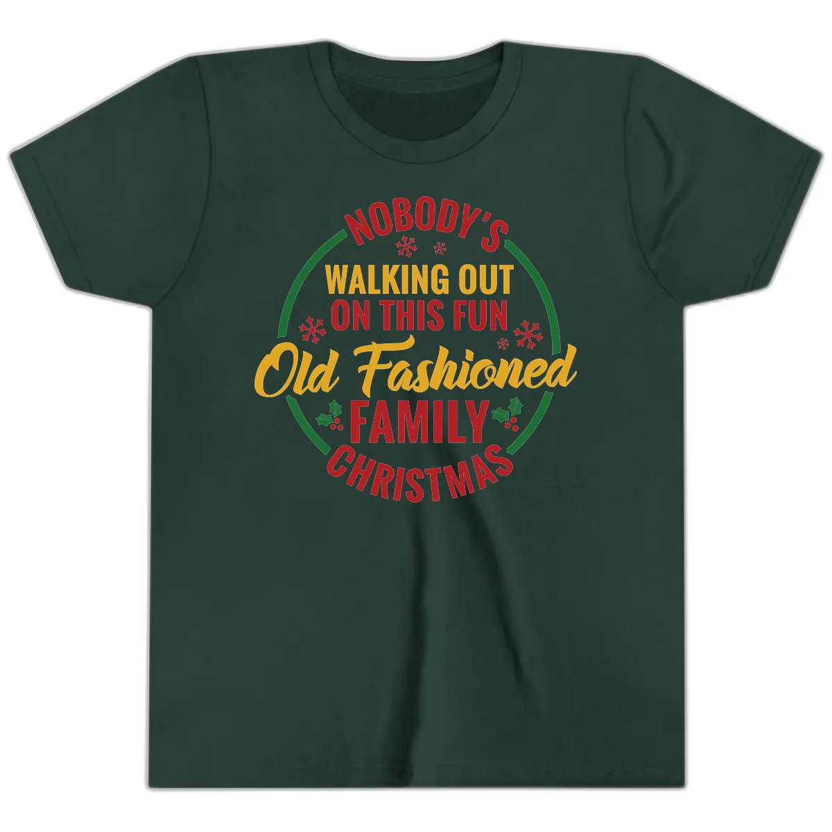 Old Fashioned Family Christmas Typography Youth T-Shirt in Forest
