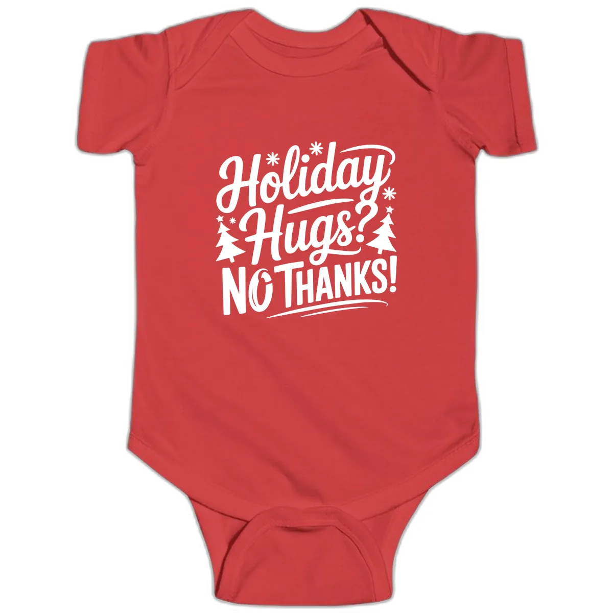 Holiday Hugs No Thanks Typography Baby Onesie in Red