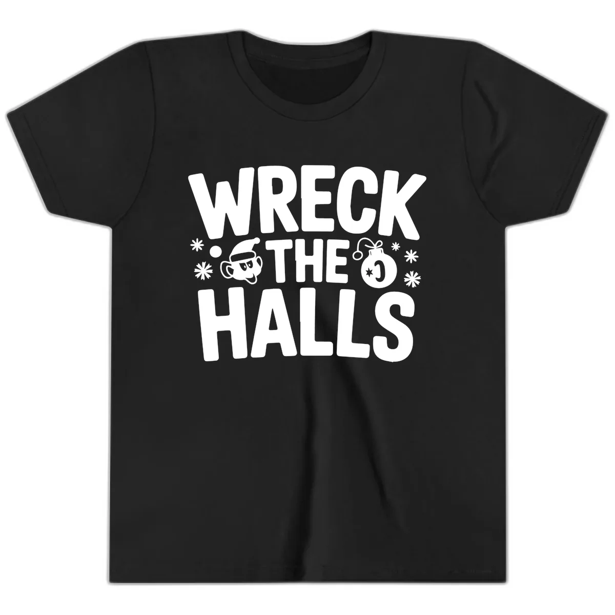Wreck the Halls Christmas Phrase Youth T-Shirt in Black