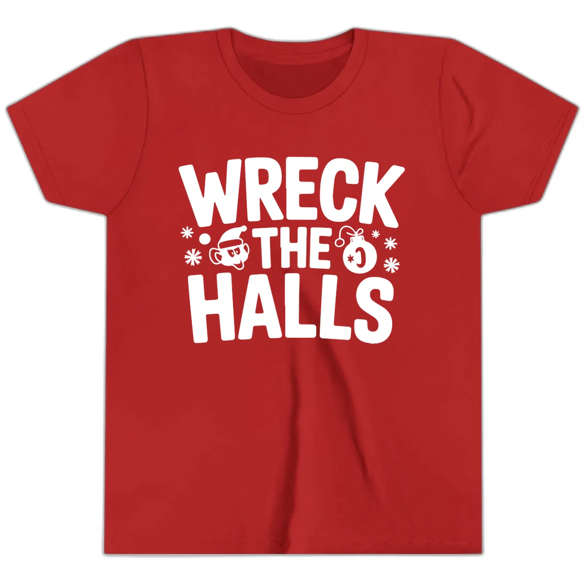 Wreck the Halls Christmas Phrase Youth T-Shirt in Red