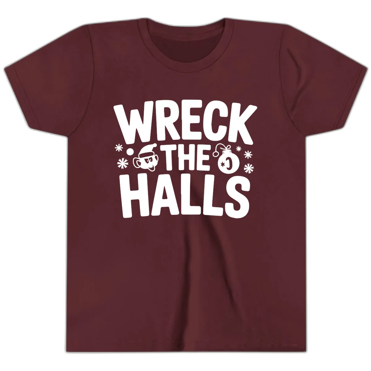 Wreck the Halls Christmas Phrase Youth T-Shirt in Maroon